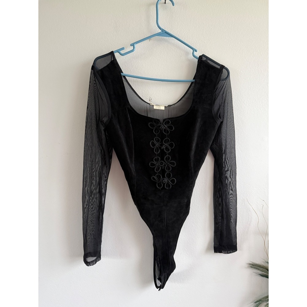 Brazen Vintage Black Suede Mesh Frog Closure Bodysuit Long Sleeve Medium 2034